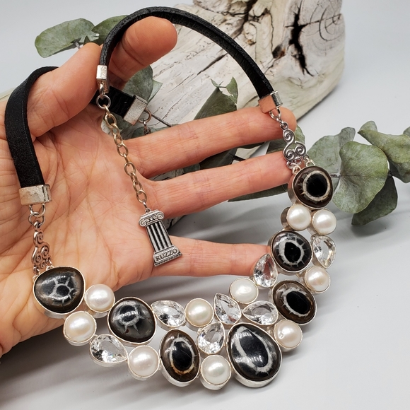 Natural Ocean Fossil Jewelry Designer Necklace Silver Leather Genuine Stone - Picture 7 of 14